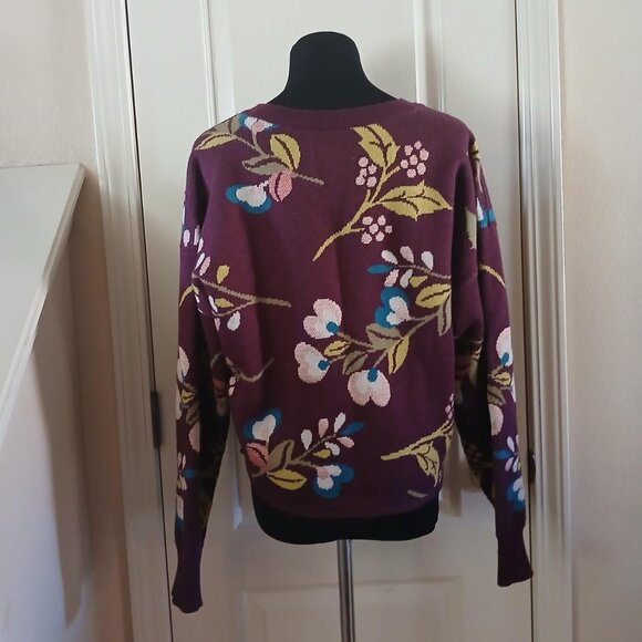 Anthropologie Maeve Cropped Crew-neck Floral Purple Sweater size medium - Picture 3 of 7